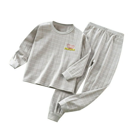 

Pajamas For Kids Long Sleeve Plaid Crewneck Pullover Tops Long Pants Set Warm Cotton Underwear Clothes Girls Sleepwear Grey 120(4 Years-5 Years)