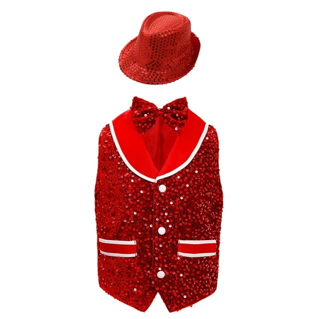Manyakai Filles Garçons Paillettes Scintillantes Gilet de Performance pour Enfants avec Nœud Papillon Chapeau Gilet en Velours Ourlet Irrégulier pour Fête Dansante Rouge 12