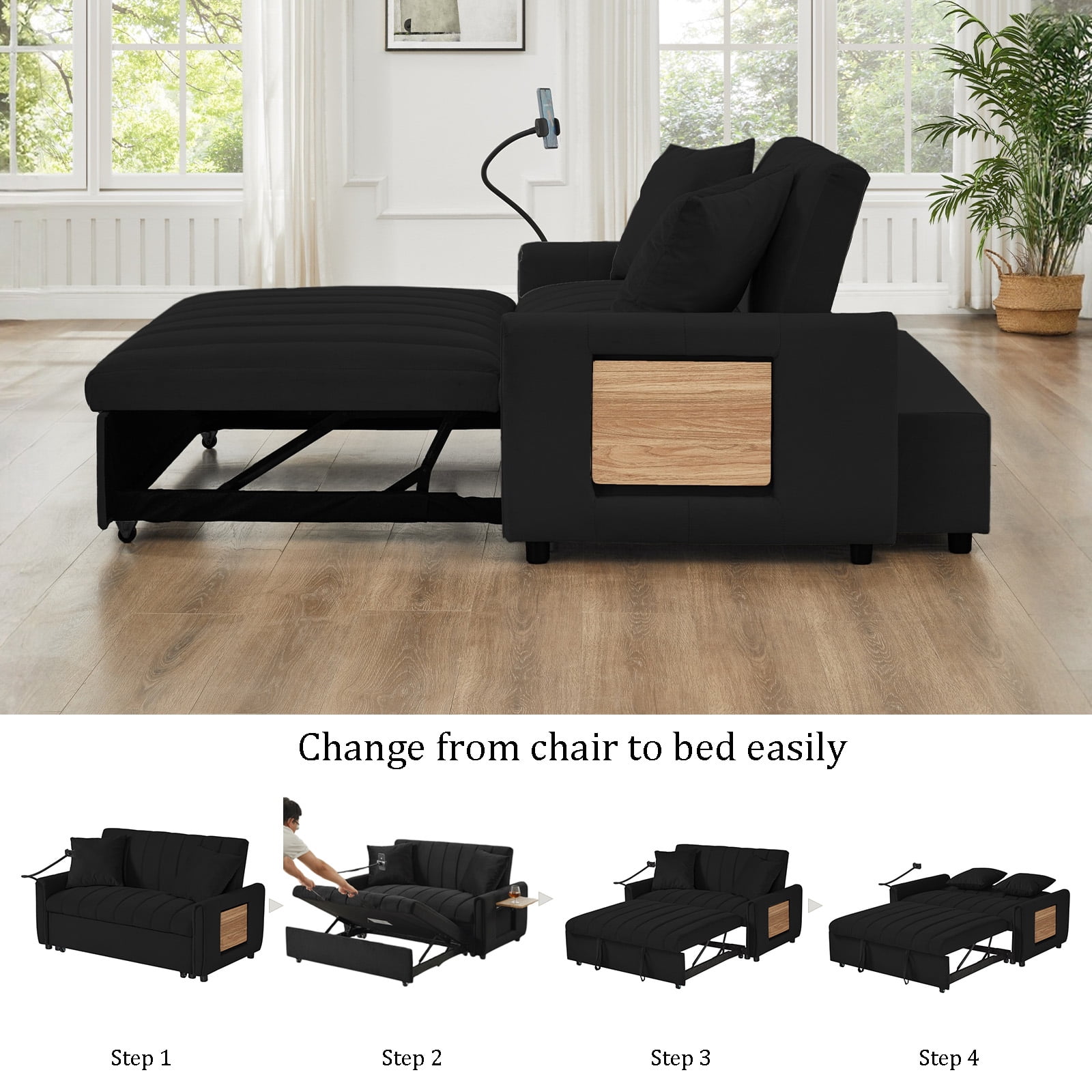 3‑in‑1 Convertible Sleeper Sofa Bed, Velvet Pull‑Out Loveseat Sofa with 3‑Level Adjustable Backrest, USB Charging Ports, Foldable Side Table & Phone Holder for Living Room Apartment, Black