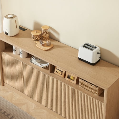 67" Wooden Sideboard Buffet Cabinet with LED Lights and Outlets, 4-Compartment Storage, Natural