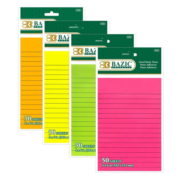BAZIC Sticky Notes 4x6 Lined Ruled Neon Color, (50 Sheets/Pack), 4-Pack