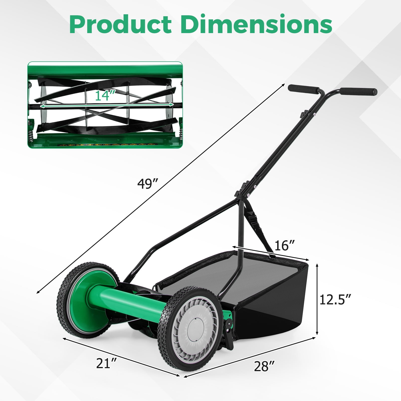 Gymax 14'' Manual Reel Mower w/ 5-Blade 6.6 Gallon Removable Grass Catcher for Garden Green