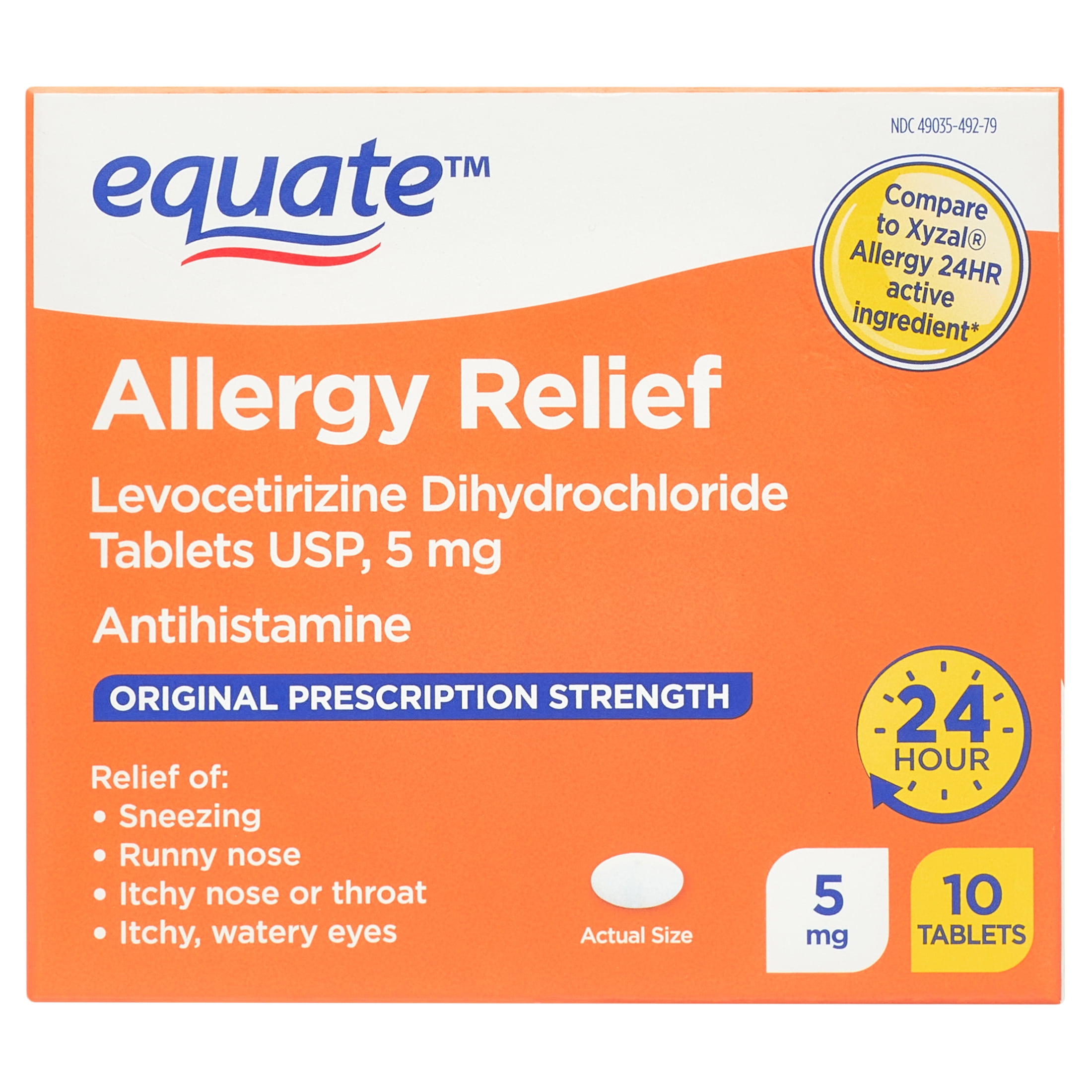 Equate Levocetirizine Dihydrochloride USP Allergy Relief Tablets, 5 mg, 10 Count