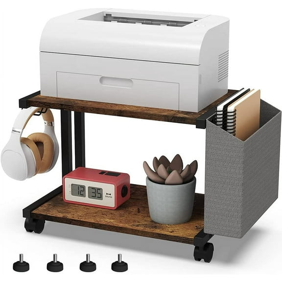 2 Tier Rustic Brown Wooden Under Desk Printer Stand with Storage Bag for Home Office Desktop Printer Table Organizer Mobile Printer Shelf Cart with Caster Wheel
