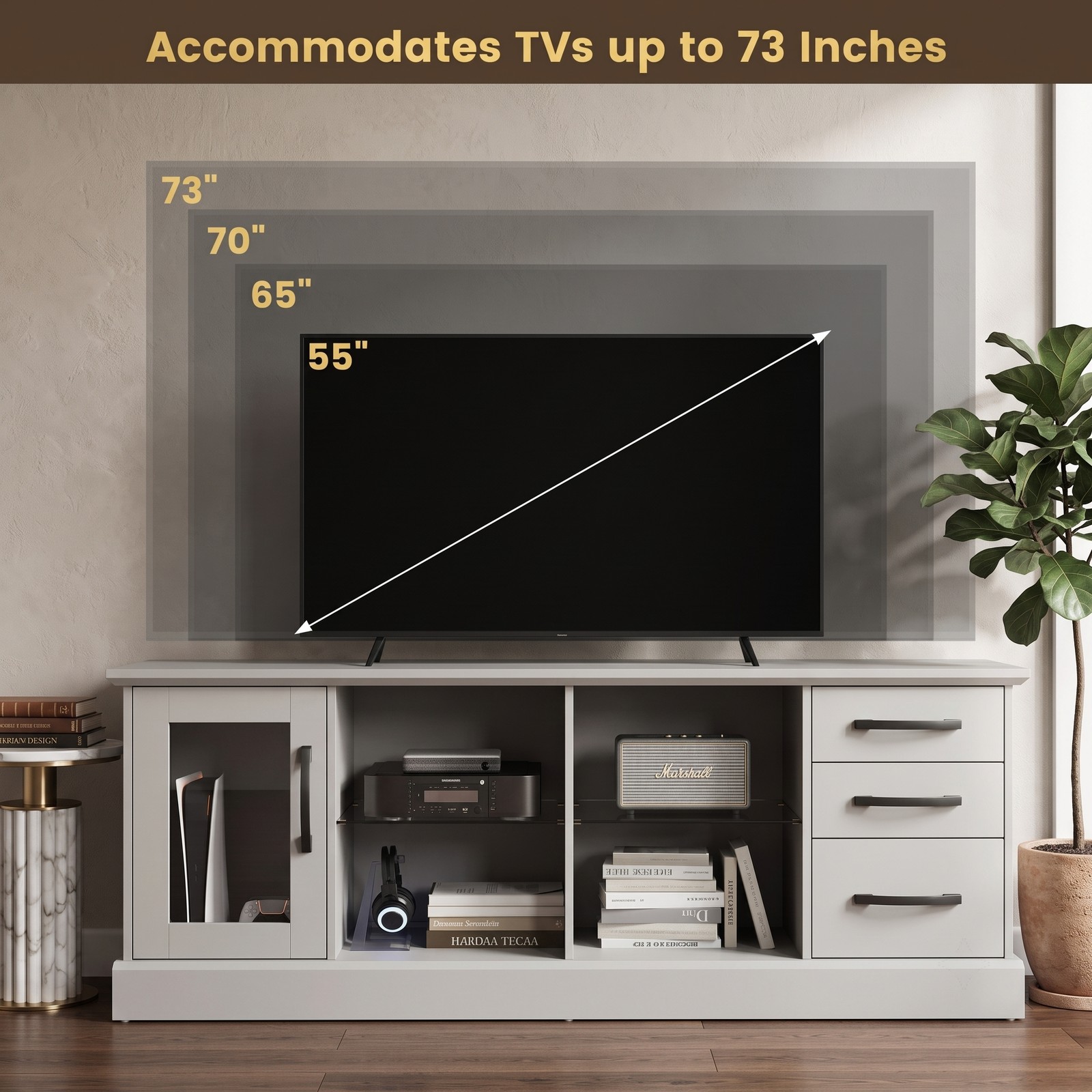 Furnibear 63 Inch Media Console TV Stand for TVs up to 73", Modern Entertainment Center with 3 Drawers, 2 Removable Glass Shelves & Cable Management for Living, Gray