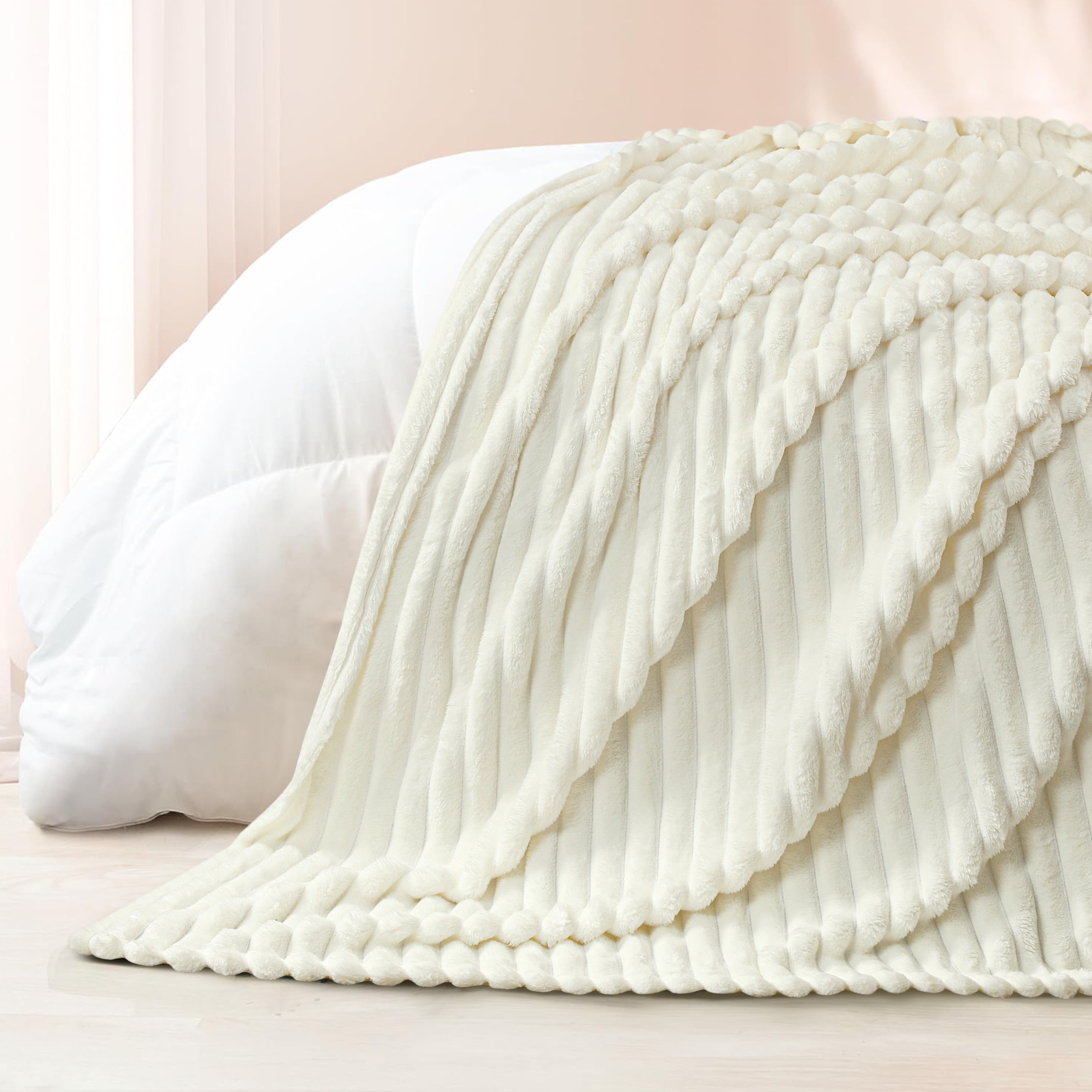Fleece Blanket Queen Size 90" x 100" - 400GSM Oversized Soft Throw Blanket, Lightweight with Stripes Design Winter Blanket for Bed Sofa Couch