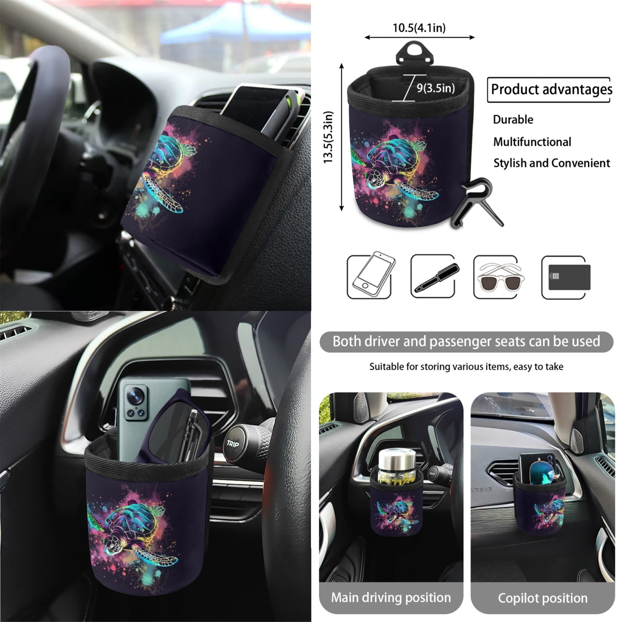Yuyamidu Colorful Sea Turtle Car Seat Covers Set 15 PCS Car Front Rear Seat Cover Steering Wheel Cover Seat Belt Covers Trash Bin Air Vent Storage Bag Rear View Mirror Cover Coasters Key Chain