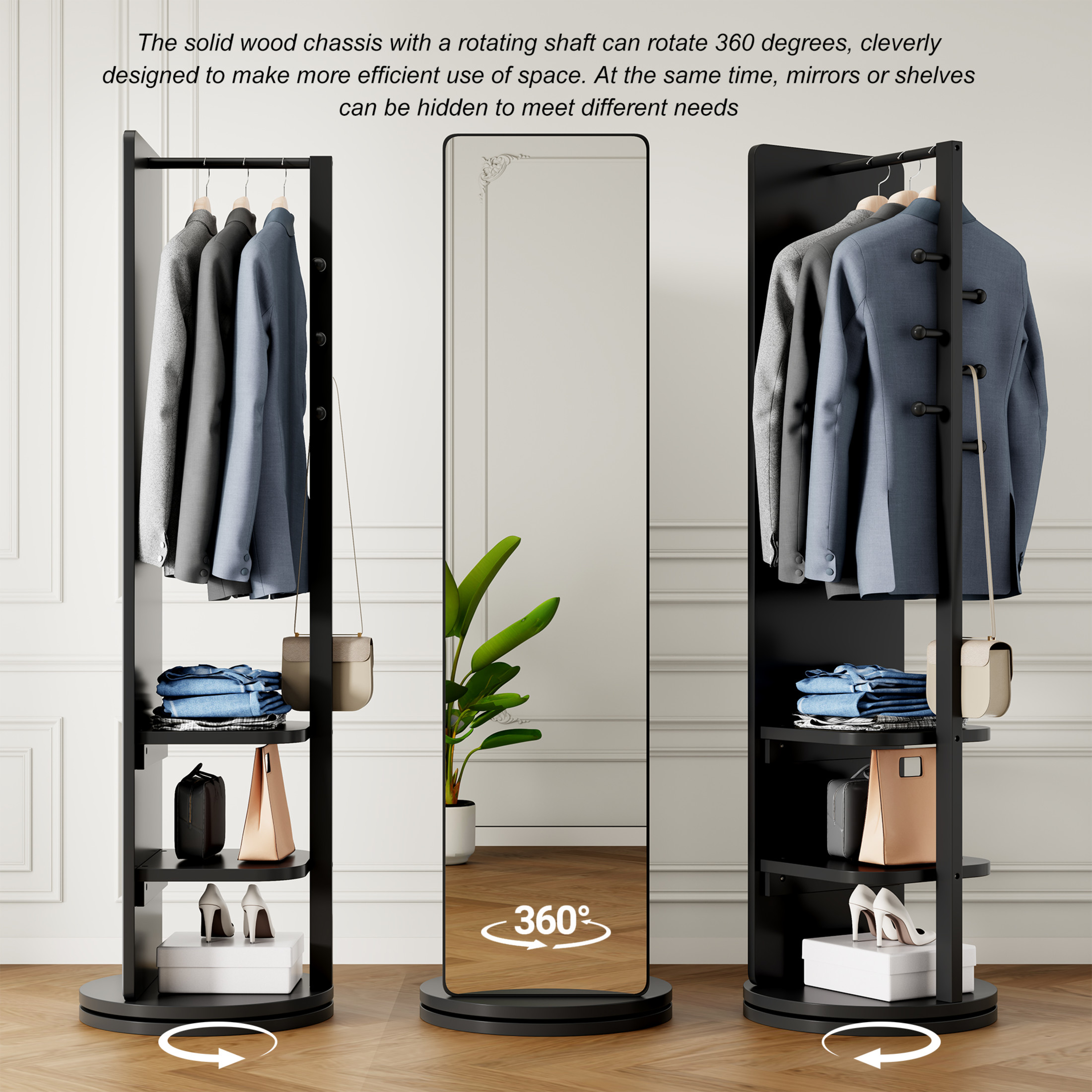 Noble House Gunther 360° Rotating Full-Length Mirror Coat Rack, Solid Rubberwood, for Small Space, Large, Black