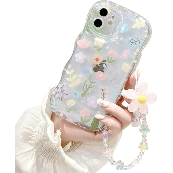 Compatible for iPhone 11 Case Cute Clear Flowers Floral Leaf Pattern Design Aesthetic Women Teen Girls Soft TPU Shockproof Protective Cover Flower Phone Chain-Clear