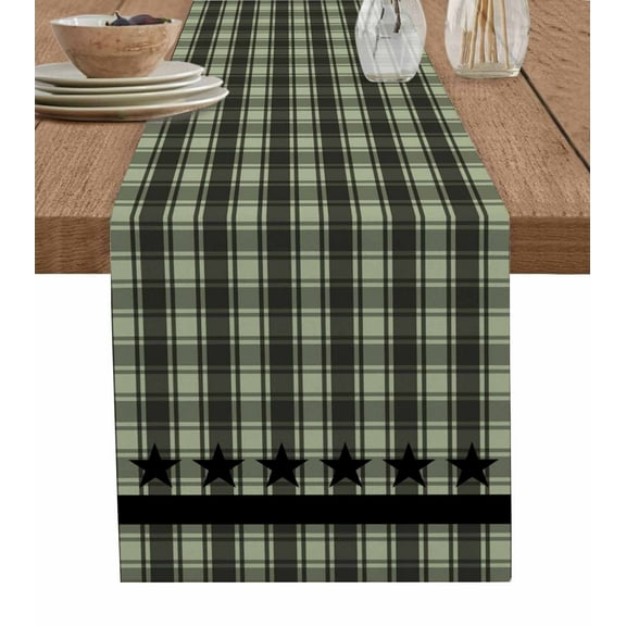 Sage Green Black Plaid Table Runner 48 Inches, Vintage Star Buffalo Check Rustic Bed Runner Dresser Scarves Tabletop for Indoor Outdoor Parties/Ceremony/Banquet, 13" x 48"