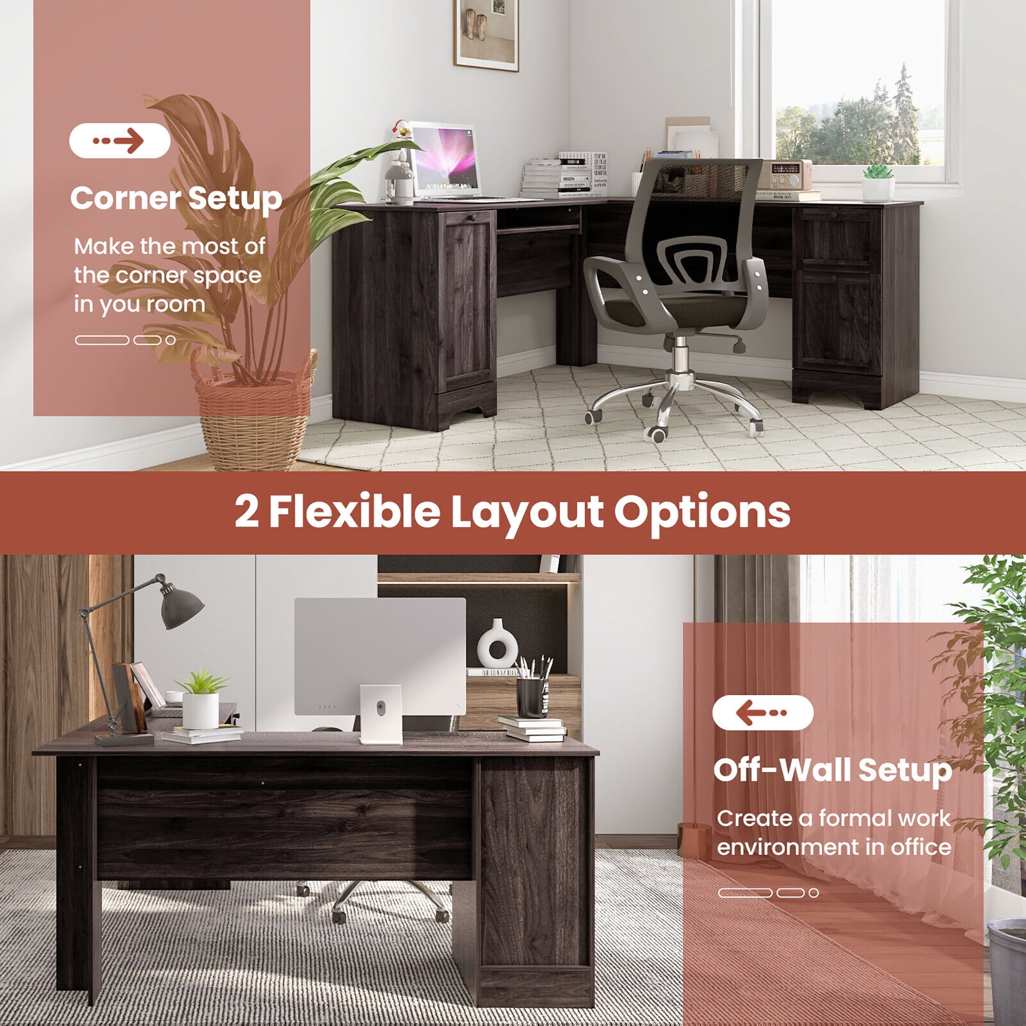 Gymax 66.5'' L Shaped Home Office Desk Corner Computer Desk Keyboard Tray Dark Brown