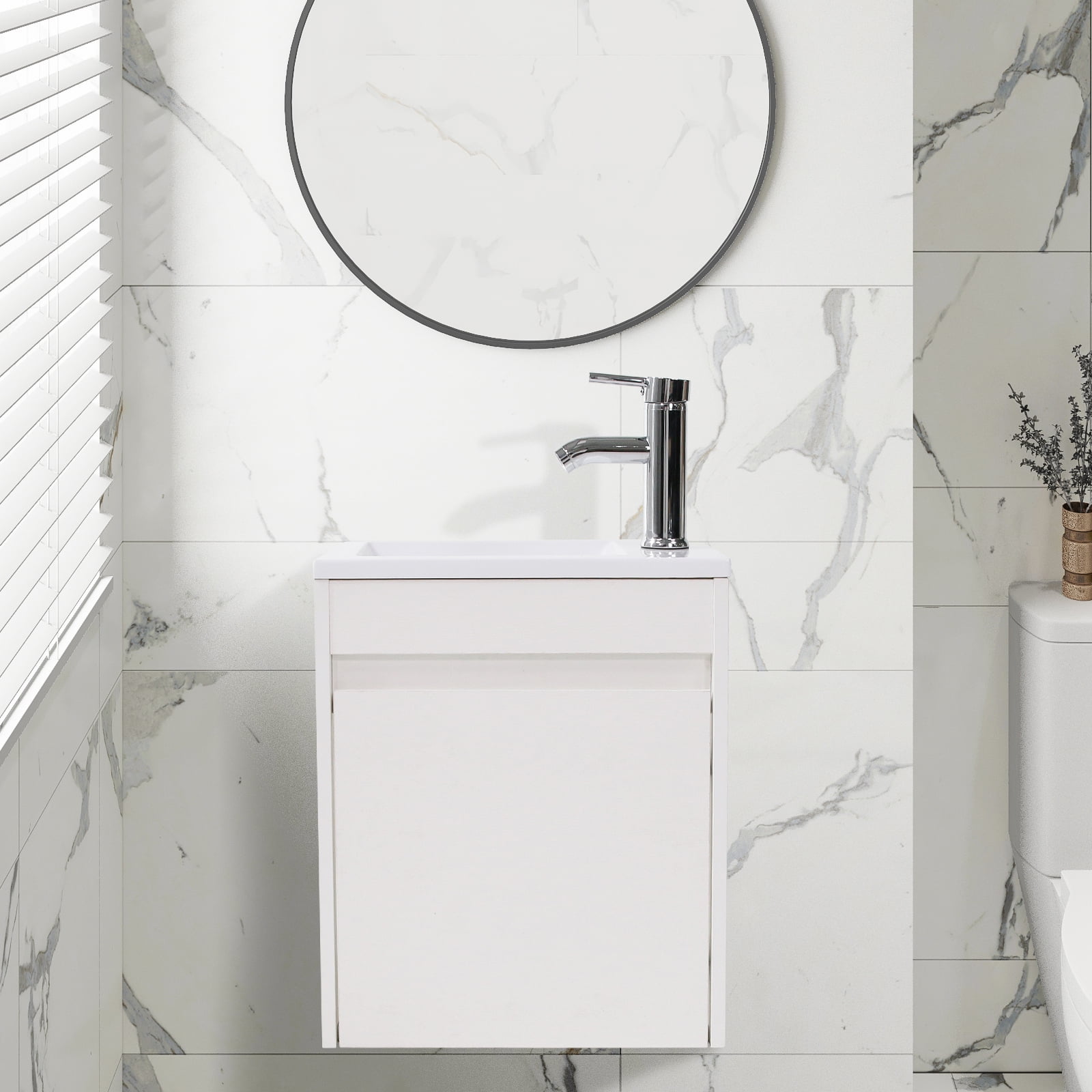 Wonline 16" Floating Bathroom Vanity Wall Mounted Black Vanity for Small Bathroom Single Cabinet Resin Basin Faucet White