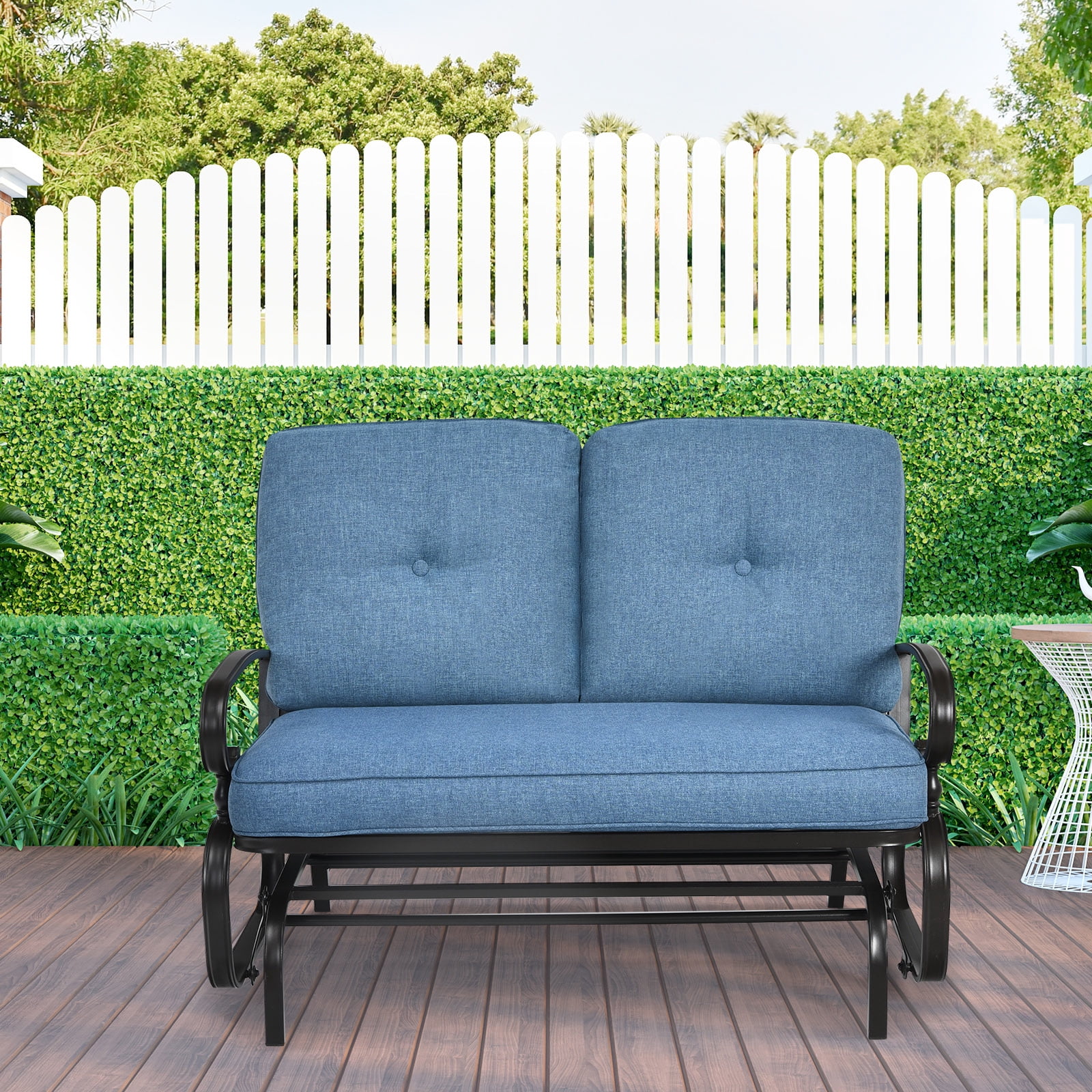 Topbuy 2-Person Outdoor Bench Patio Swing Glider Chair with Cushions Rocking Chair Cushioned Sofa Blue