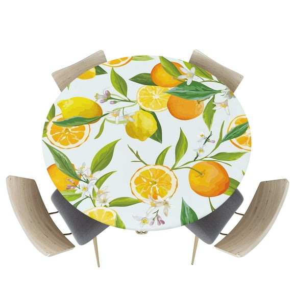 Fitted Round Tablecloths Table Covers 55-60in,Summer Farm Orange Citrus Fruit Green Leaves Waterproof Elastic Edged Table Cloth for Kitchen Dining Holiday Party Tables Decor,Watercolor Lemon