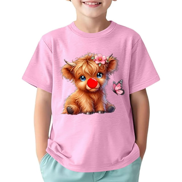 NINGMENG Hauts et T-Shirts pour Filles Enfants Imprimé Vache Dessin Animé Col Rond Manches Courtes Sport Décontracté Confortable Hauts Chandail T-Shirts Mode Urbaine, Rose, 7-8 Ans