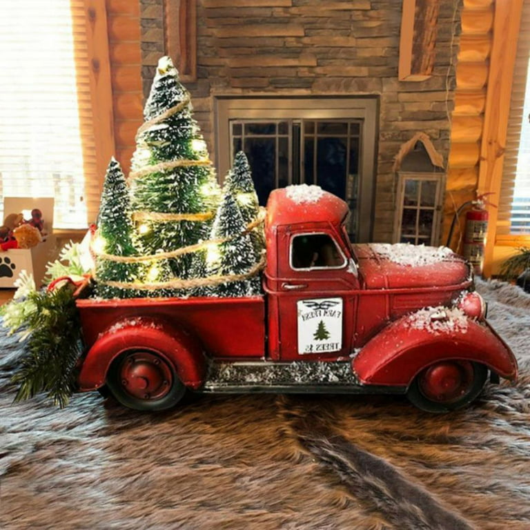 Red Vintage Truck Model Christmas Ornaments Metal Car Adornments Classic Cars  Desktop Decoration Toy with Christmas Tree for Home Office 