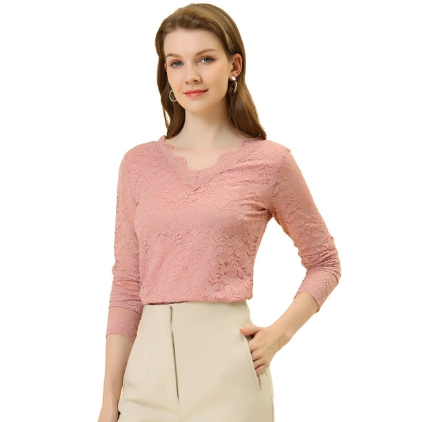 Top de blusa de encaje de manga larga transparente con bordado floral para mujer Rosa XS