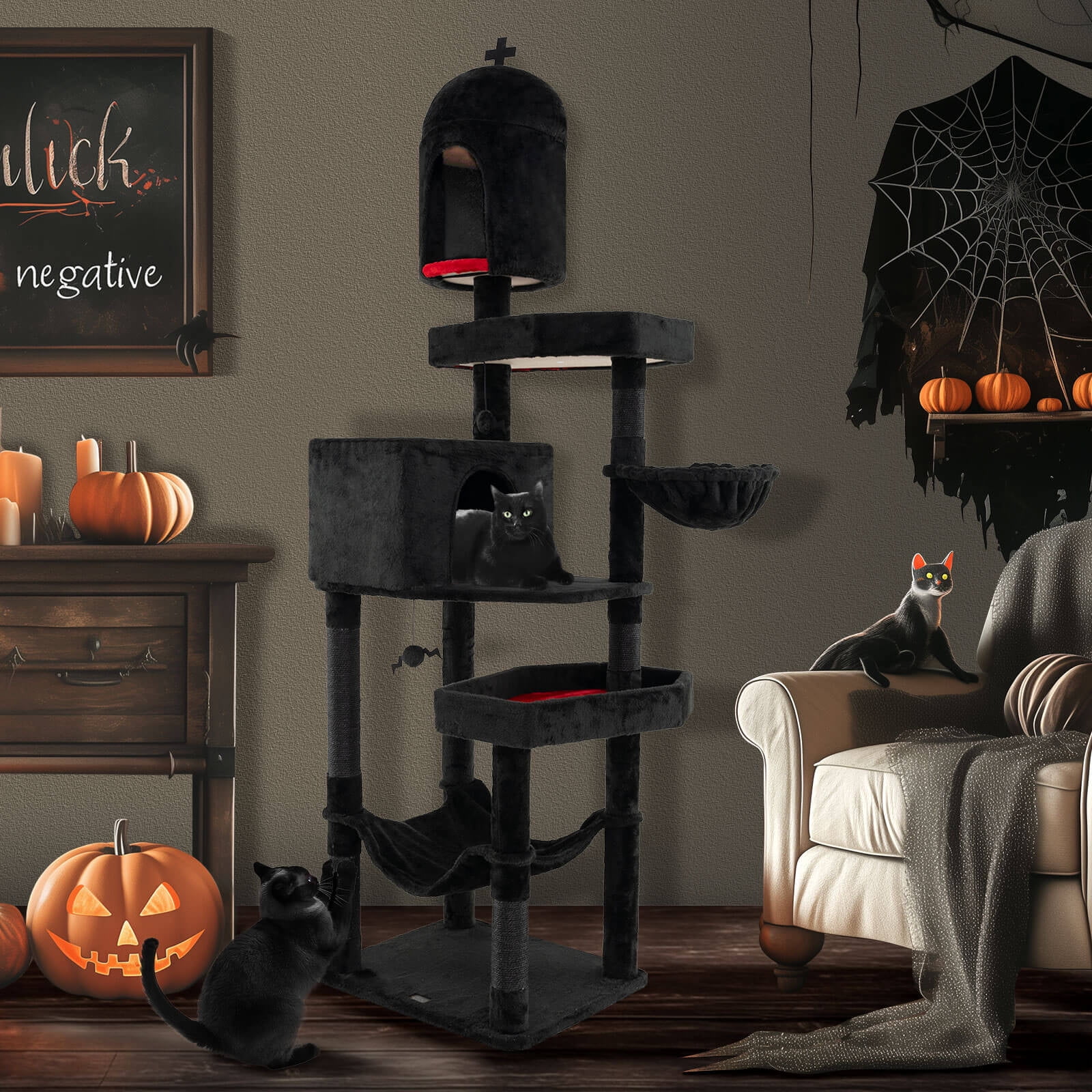Infans Gothic Cat Tree for Indoor Cats Extra Large Cat Tower w/2 Cat Condos Coffin Bed