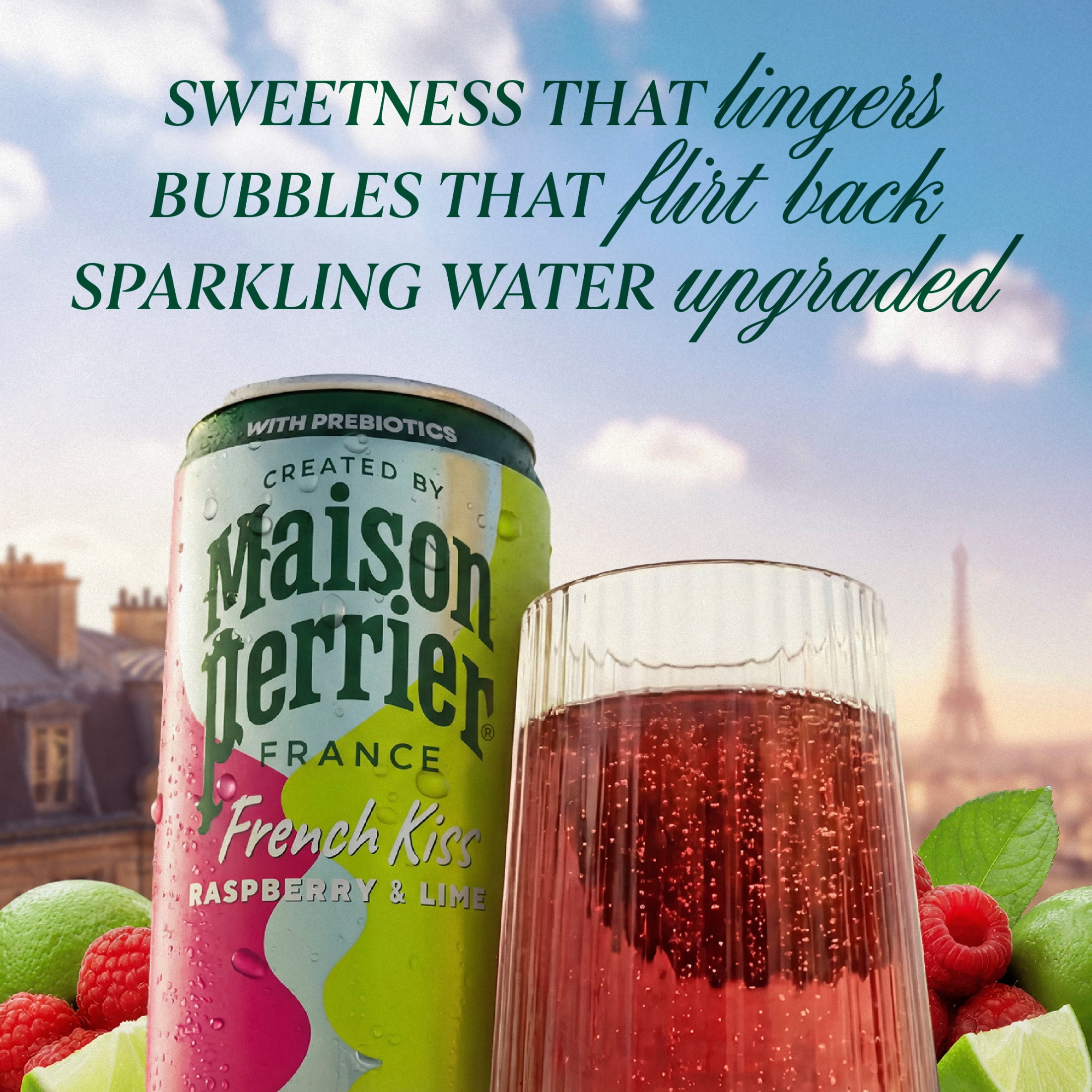 Maison Perrier French Kiss Sweetened Sparkling Water, Raspberry & Lime Flavors with Real Fruit Juices, 24PK