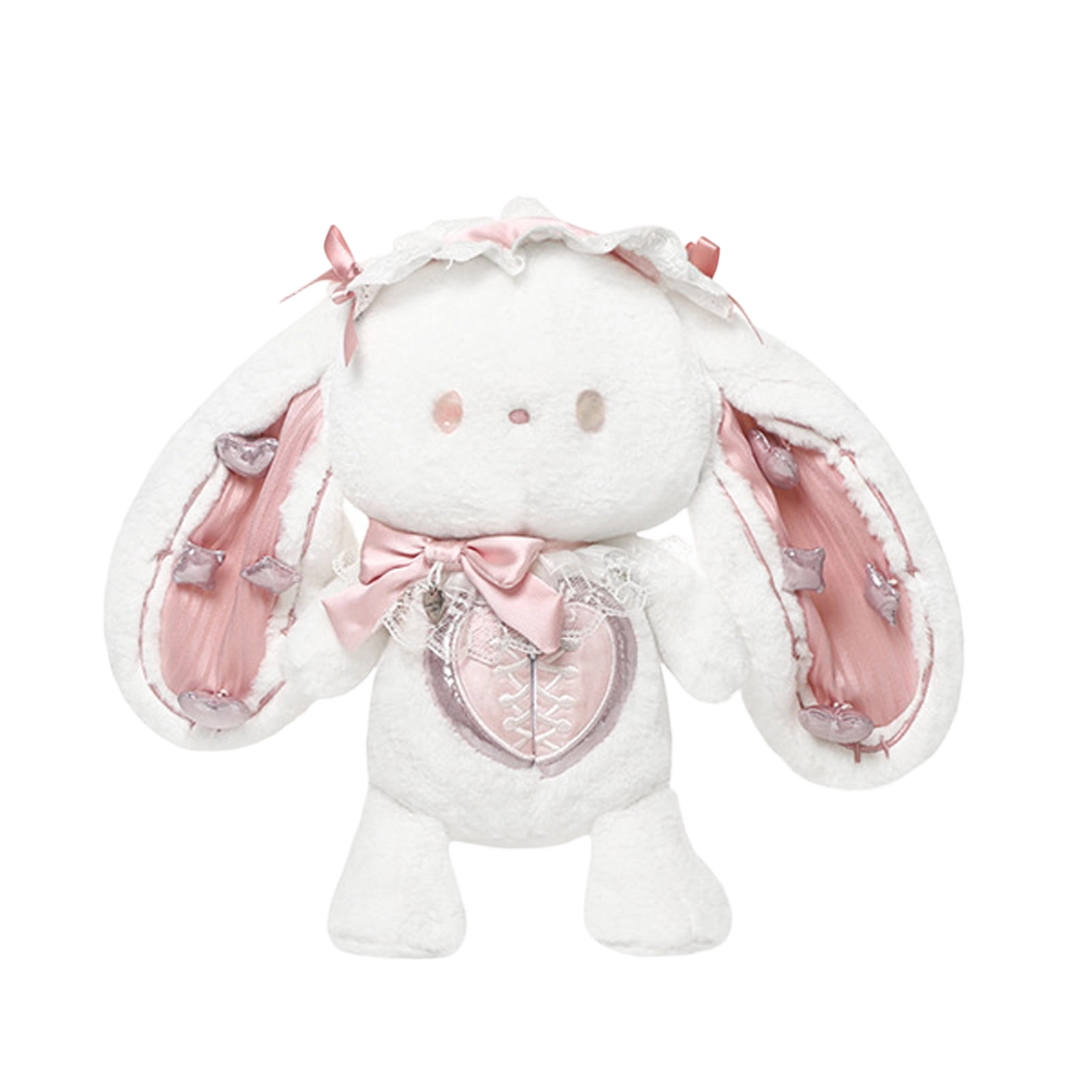 Stuffed Bunny Plush, Stuffed Bunny Rabbit, 12inPink, Heart Plush, Plush Doll, Bunny Ears, Bunny Toy, Black Lace, Lace Fabric, Silver Decor, Bunny Stuffed Animal, 1 Pc