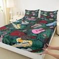 thumbnail image 3 of Manfei Vintage Guitar Music Twin Sheet Sets for Kid, Green Palm Leaf Twin Fitted Sheet, Tropic Plant Botanical Flat Sheet, Microfiber Bedroom Decor, 3 Pieces, 3 of 7