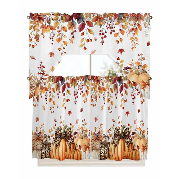 Orange Thanksgiving Fall Kitchen Curtains Swag Valance and Tier Curtains Set 36 Inch Length, Brown Leopard Bow Pumpkins Rod Pocket Drape Panels Pair Swag Curtains for Bathroom/Cafe/Window