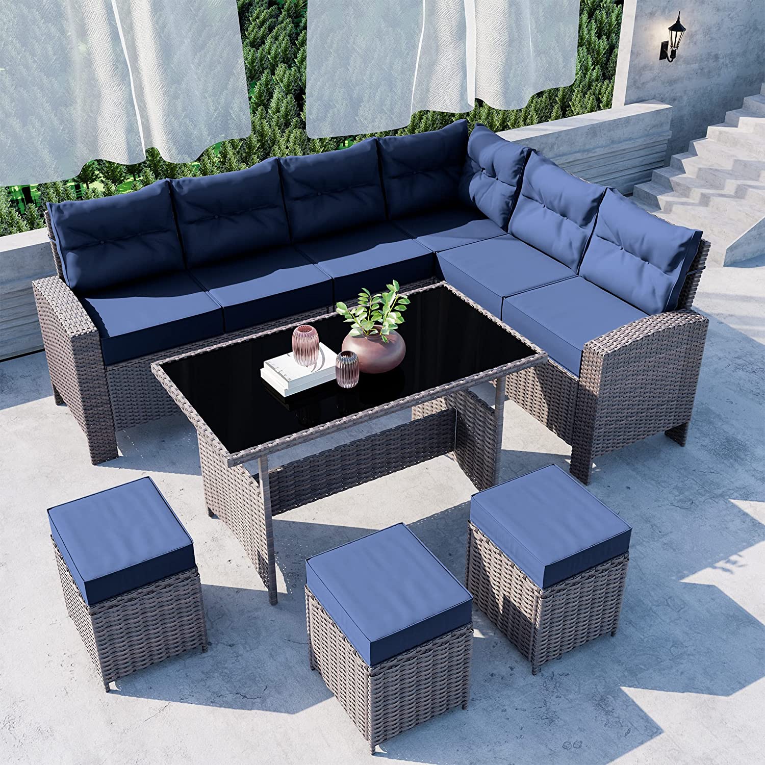 Kullavik 7 Pieces Outdoor Patio Furniture Set, All-Weather Patio Outdoor Dining Conversation Sectional Set with Coffee Table, Wicker Sofas, Ottomans, Removable Cushions,Navy Blue - image 1 of 7