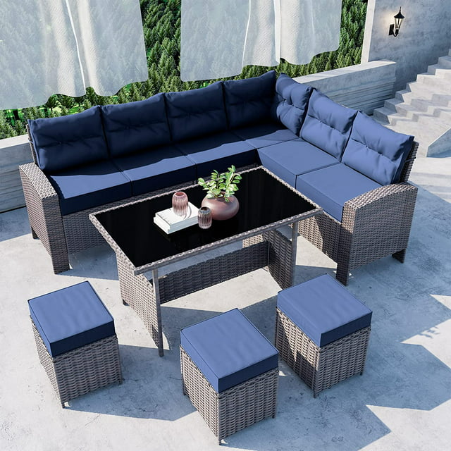 Kullavik 7 Pieces Outdoor Patio Furniture Set, All-Weather Patio Outdoor Dining Conversation Sectional Set with Coffee Table, Wicker Sofas, Ottomans, Removable Cushions,Navy Blue