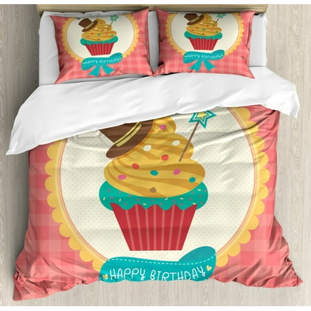 Cupcake Duvet Cover Set King Size Happy Birthday Calligraphy On