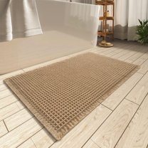 Thick Waffle Bath Mat Super Absorbent Non Slip Bathroom Rug, Machine Washable Tassel Decor Floor Mat with Rubber Backing, 17x24 Inch, Brown