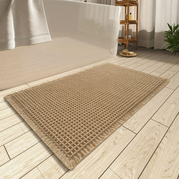 Thick Waffle Bath Mat Super Absorbent Non Slip Bathroom Rug, Machine Washable Tassel Decor Floor Mat with Rubber Backing, 17x24 Inch, Brown