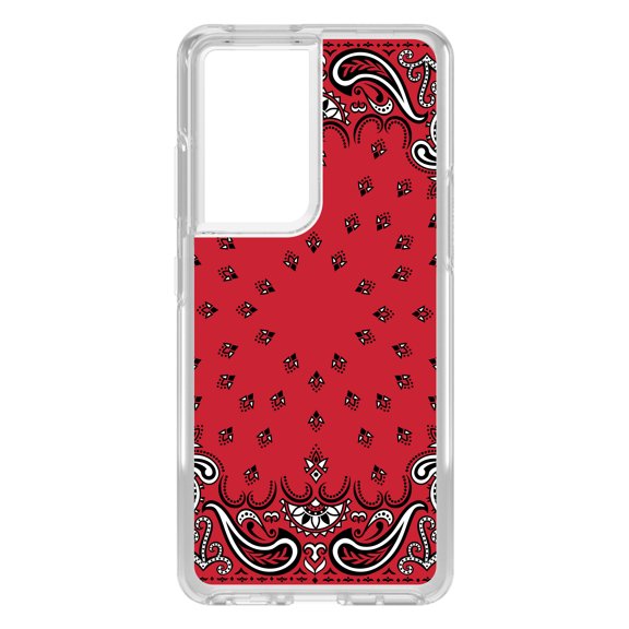 DistinctInk Clear Shockproof Hybrid Case for Galaxy S21 ULTRA 5G (6.8" Screen) - TPU Bumper, Acrylic Back, Tempered Glass Screen Protector - Bandana Print - Red, Black, White