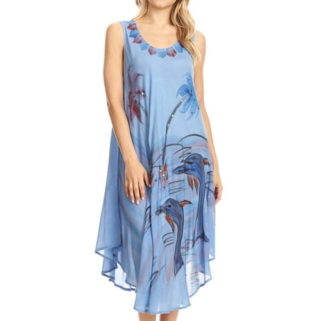 Sakkas Valentina Summer Casual Light Cover-up Caftan Dress with Tropical Print - Blue - One Size