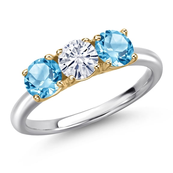 Gem Stone King 925 Silver and 10K Yellow Gold White Moissanite and Swiss Blue Topaz Engagement Ring for Women | 1.80 Cttw | Round 5MM | Gemstone Birthstone | Size 7