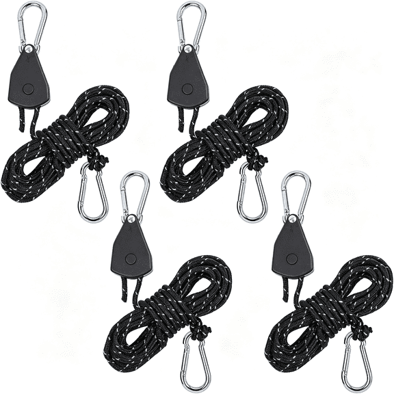 XENAKY Longer 1/8" Adjustable Rope Hanger 4Pcs 12Ft Tie Down Ropes Reflective Ratchet Strap for Grow Light Hanging Plants Tent Canopy Tarpaulin Pool Cover