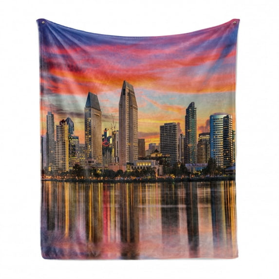 San Diego Soft Flannel Fleece Throw Blanket, California USA Downtown Skyline at Sunset Twilight Modern Apartment Buildings, Cozy Plush for Indoor and Outdoor Use, 50" x 70", Multicolor, by Ambesonne