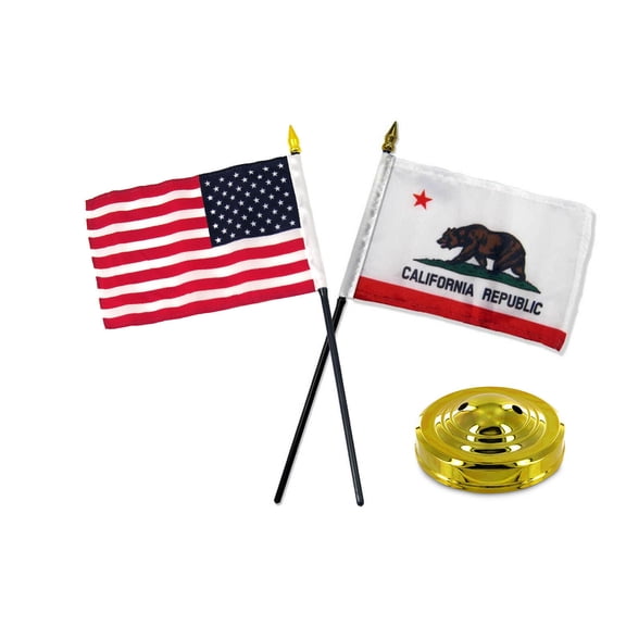 California Republic State w/ USA American Flag 4"x6" Desk Set Gold Base