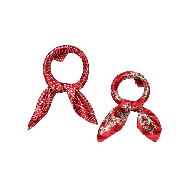 INSPIRE CHIC 2 Pcs 50cm Foulard Carré en Satin Imprimé pour Femmes, Foulard pour Cheveux, Foulard de Cou 19.69*19.69 Pouces(L*W) Pois Rouges&Fleuri Rouge