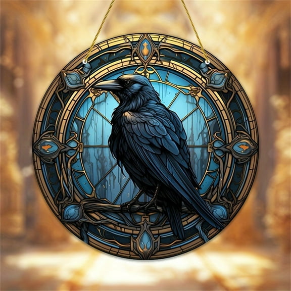 HmNPlay Gothic Crow Hanging Decor - Stained Glass Bird Acrylic Suncatcher Ornament for Window, Home, Halloween Decorations - Lightweight & Durable (1pc)