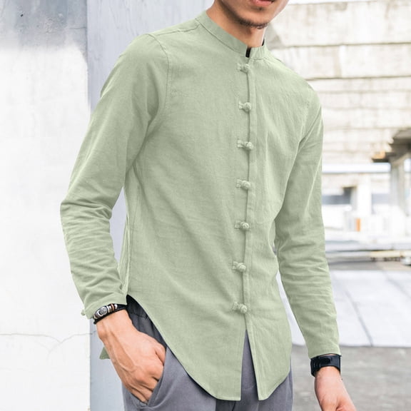 Dianli Gifts Fashion Casual Men's Solid Color Stand Collar Long Sleeve Shirt with Special Button Detail, Slim Casual-Fit Button-Front Stand-up Collar Top for Everyday Travel