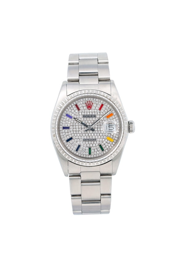 Pre-Owned Rolex Datejust 36MM 16200 Diamond Paved Rainbow Hour Dial Engine Turned Bezel Stainless Steel Oyster Bracelet