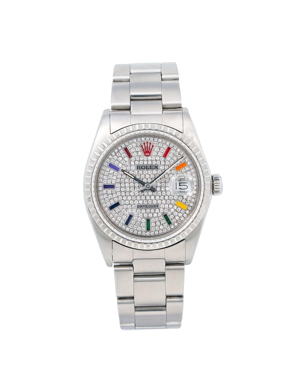 Pre-Owned Rolex Datejust 36MM 16200 Diamond Paved Rainbow Hour Dial Engine Turned Bezel Stainless Steel Oyster Bracelet