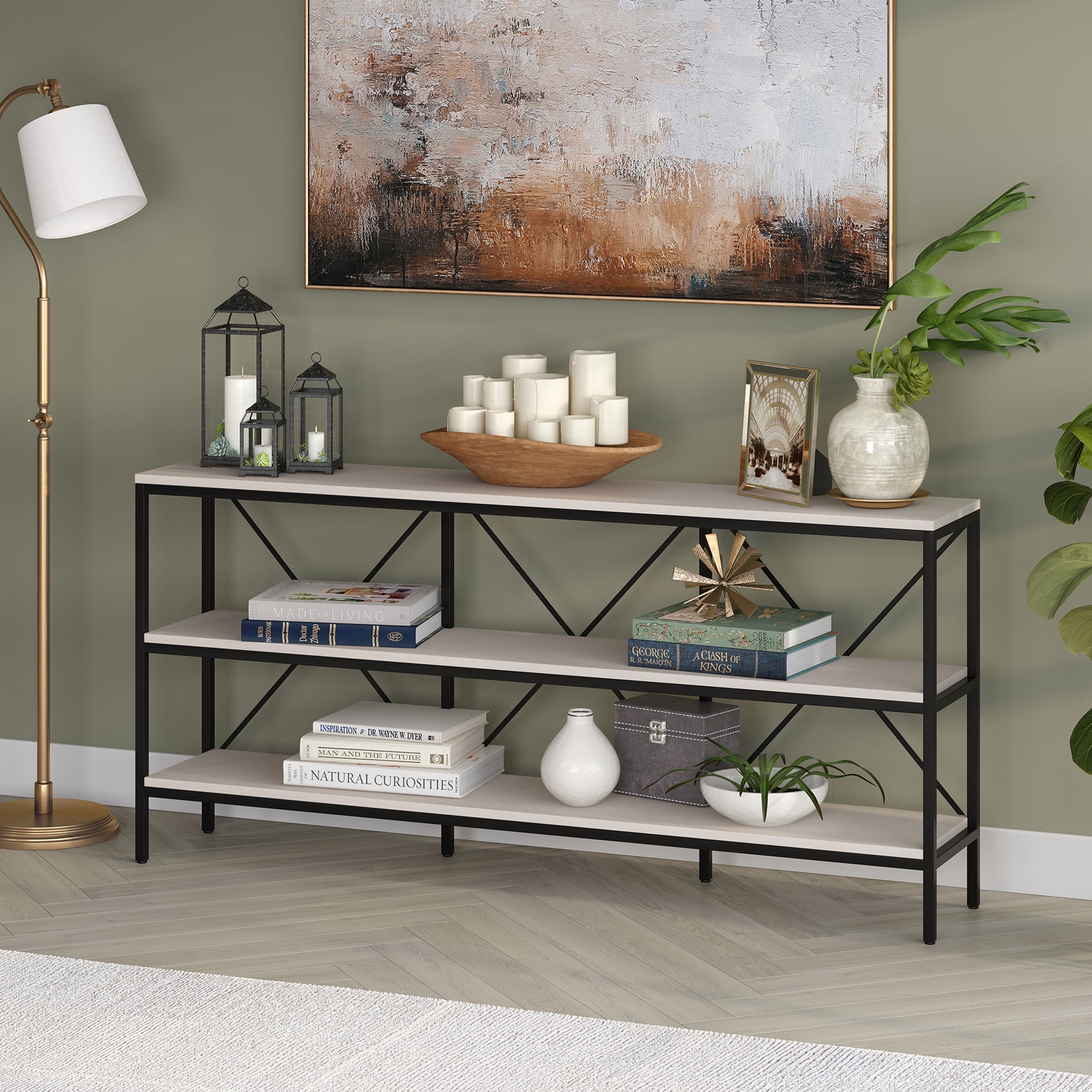 Evelyn&Zoe Modern Farmhouse 64" Wide Blackened Bronze/Alder White Console Table