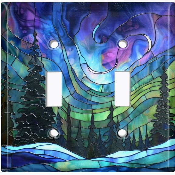 Metal Light Switch Wall Plate Outlet Cover (Printed Image of Stained Glass Northern Lights with Trees - Double Toggle)