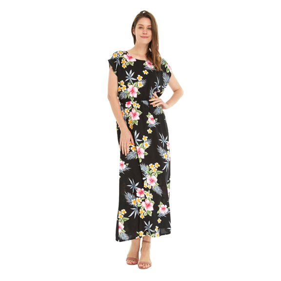 Women's Hawaiian Luau Cap Sleeve Maxi Simple Dress in Hibiscus