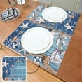 thumbnail image 4 of Blue Placemats Set of 6, Summer Nautical Theme Starfish Shell Fishnet Non Slip Heat Resistant Linen Fabric Cloth Place Mats, Washable Holiday Party Dining Table Mats for Coastal Home Kitchen Decor, 4 of 6