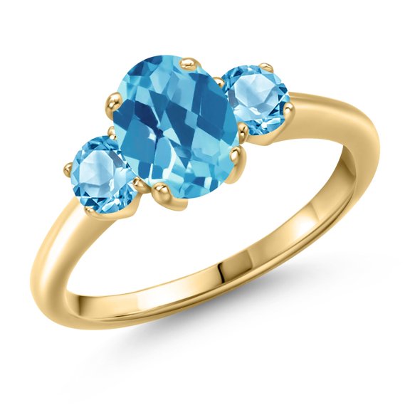 Gem Stone King 2.01 Ct Oval Checkerboard Swiss Blue Topaz 18K Yellow Gold Plated Silver Ring