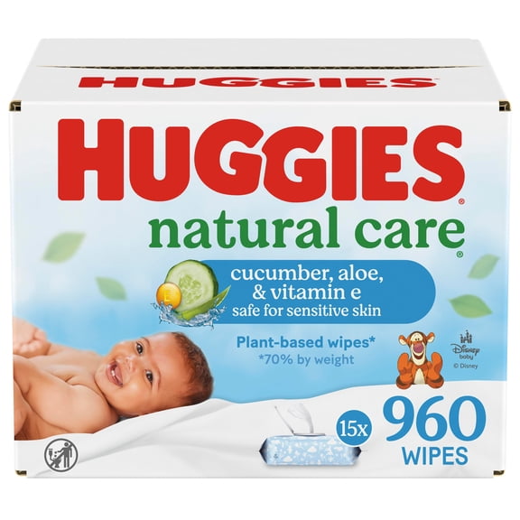 Lingettes pour bébés Huggies Natural Care Cucumber, Aloe and Vitamin E, PARFUMÉES, 15 emballages à couvercle rabattable, total de 960 lingettes