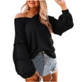 thumbnail image 2 of Abcnature Women V-neck Ruffled Lantern Sleeve Splicing Solid Fashion Casual Blouse Plus Size Tops for Ladies Autumn Winter Casual Loose Tunic Blouse Black L, 2 of 6