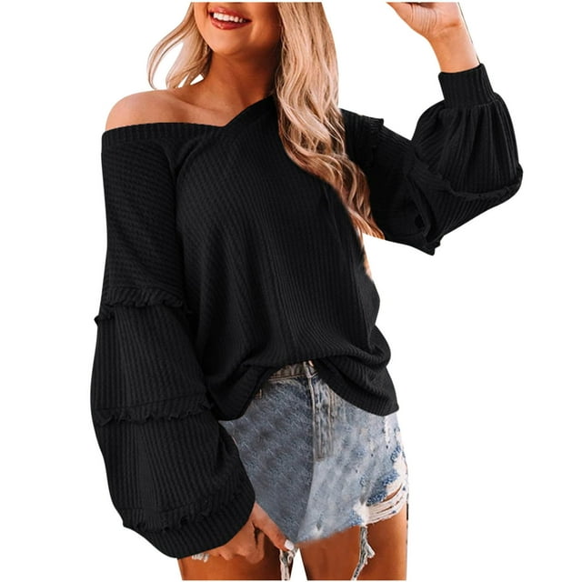 Pompotops Blouse Décontractée Mode Unie à Manches Lanternes à Volants Col en V pour Femmes